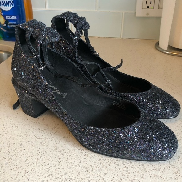 NEW Free People Lana Block Heel Dark Blue Glitter - Picture 9 of 9